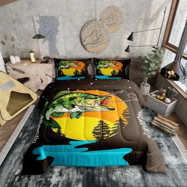 Imagem de Erosebridal Jogo de cama queen com estampa de peixe lúcio grande, para crianças, meninos, meninas, pesca, caça, acampamento, aventura, fazenda, caçador, cabana, com tema animal, colcha