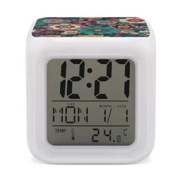 Imagem de RTFGHJS Despertador boêmio flor colorida despertador pequeno visor LED despertador digital relógio compacto relógio eletrônico para quartos cabeceira mesa prateleira tamanho único