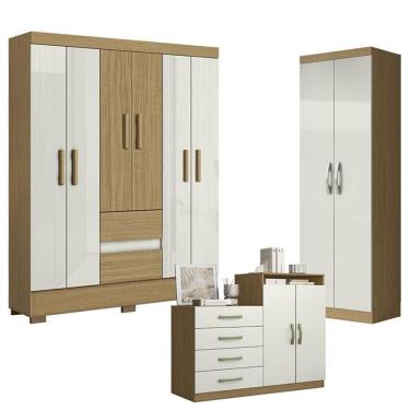 Imagem de Guarda Roupa Casal Coimbra 2005138 com Armário Multiuso New 2000192 e Cômoda Sapateira Londres Atacama Off White - Aramóveis