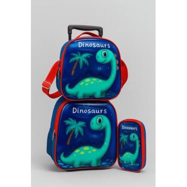Imagem de Mochila Infantil Dinossauro C/ Rodinhas 3 Itens Estojo Mochila Imperme