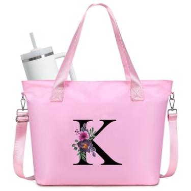 Imagem de JANSBEN Sacola personalizada para mulheres - Bolsa de trabalho grande com suporte de copo Stanley Bolsa de enfermeira com zíper, rosa, One Size, Letra K