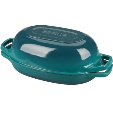 Imagem de EDGING CASTING Panela de forno holandês de ferro fundido esmaltado com tampa, forno holandês oval para assar pão, forno de pão para assar pão de fermento caseiro, 5 qt, Darkcyan