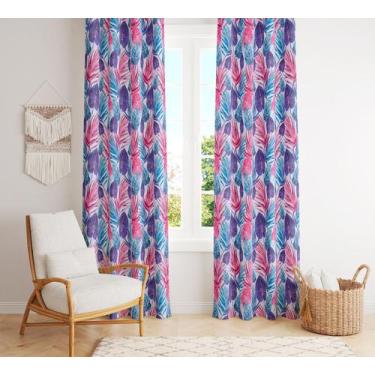Imagem de Cortina Tecido Oxford Decorativa Sala Tropical Folhas Rosa, Roxo e Azu