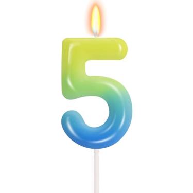 Imagem de Velas de aniversário para meninas, meninos, azul, verde, gradiente, número 5, para decoração de bolo com tema mágico, decoração de festa de aniversário de desenho animado