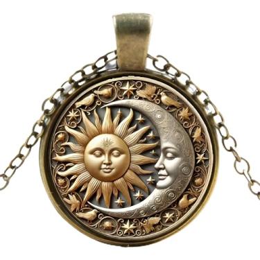 Imagem de 1 colar com pingente redondo deslumbrante - padrão exclusivo de sol e lua, mosaico de vidro estilo pintura a óleo, estrutura de liga, corrente de suéter moderno, presente moderno para mulheres