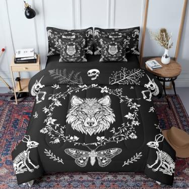 Imagem de Jogo de cama solteiro com estampa de lobo selvagem e esqueleto de animais mariposas góticas, estampa floral preto e branco (1 edredom, 2 fronhas, 2 fronhas, 1 lençol de cima, 1 lençol com elástico)