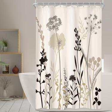 Imagem de Omifly Cortina de chuveiro floral bege pequena 122 cm L x 192 cm A flor estreita rústica boho marrom silhueta folhas conjunto de decoração de banheiro com 8 ganchos de plástico tecido à prova d'água