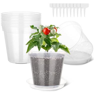 Imagem de GREANER Vasos transparentes para berçário de 20 cm com drenagem, 10 potes de mudas com 10 peças de sacuers curáveis e 10 etiquetas de plantas, vasos de plástico para plantas internas e externas