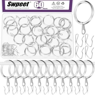 Imagem de Swpeet 60 peças de anel de cortina de metal prateado de 25 mm/2,5 cm de diâmetro interno com ganchos de cortina, kit sortido, anel de ilhó deslizante drapeado, ganchos de cortina de metal, para