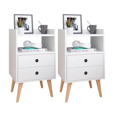 Imagem de Mesa cabeceira dream kit 2 branco detalhe em madeira pés caramelo armário cozinha decorativo sala quarto cama lateral criado