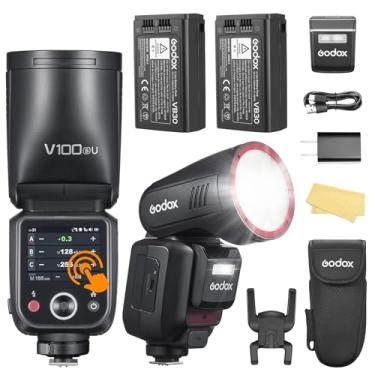Imagem de Godox Flash de câmera com obturador global V100-S U TTL com 2 baterias VB30 para câmera Sony, flash de cabeça redonda de 100 W com tela sensível ao toque 70 flash consecutivo de potência total para