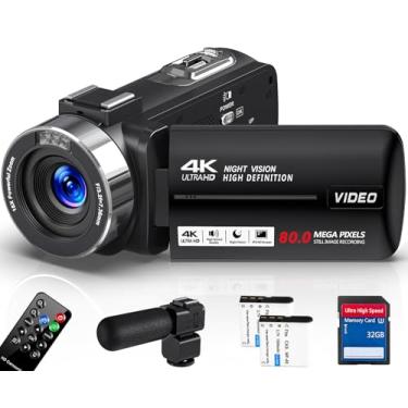 Imagem de Filmadora 4K 80MP,Câmera de vídeo, Zoom Digital 18x, Visão Noturna, Tela Giratória 3 Polegadas, Controle Remoto 2.4G, Microfone Externo,Profissional para Vlog, Cartão 32GB, 2 Baterias