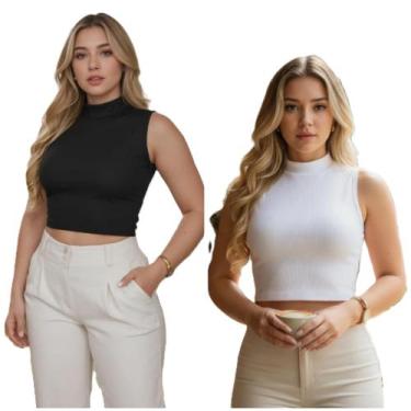 Imagem de KIT C/2 Blusas Top Cropped Gola Alta Ribana Canelada Algodão - TG Cami