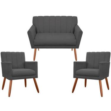 Imagem de Kit Namoradeira + 2 Poltronas Decorativa Cecília Suede Cinza Pés Madei