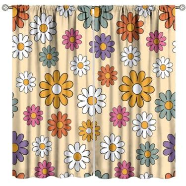 Imagem de Cortina floral retrô dos anos 70, vintage anos 80 anos 70 anos 60 hippie margaridas coloridas flor boho cortina de janela para quarto sala de estar 107 cm L x 137 cm C