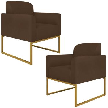 Imagem de Kit 2 Poltronas Decorativas Isabella Base Industrial Suede Marrom/Dourado