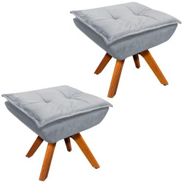 Imagem de Kit 2 Puff's Decorativos Base Giratória em Madeira Charger Suede Cinza - Gran Belo