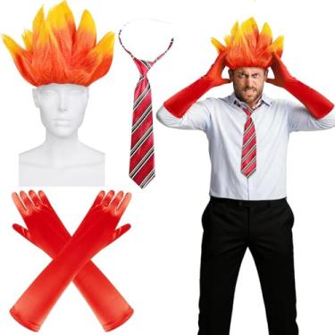 Imagem de TLY Peruca curta com touca de peruca, perucas de cabelo de fantasia de Halloween com luvas e bolsa para mulheres, fantasia de Halloween, emoção, cosplay (chama)