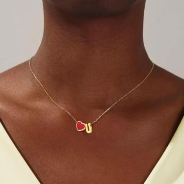 Imagem de Colar feminino com inicial de coração, pingente de letra A a Z, pingente de coração vermelho, joia banhada a ouro, colar de presente personalizado, 18+2in, Aço inoxidável, Sem Pedra Preciosa