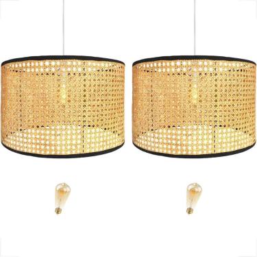 Imagem de Kit 2 Pendente Fibra Natural 50X30 Palha Indiana Nat86 + Led