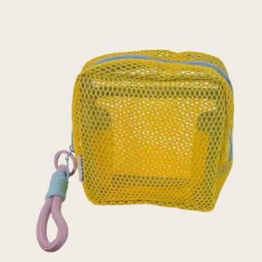Imagem de Bolsa de cosméticos quadrada de malha colorida, feminina, portátil, para fones de ouvido, batom, guardanapos higiênicos, bolsa de armazenamento, pequenos sacos de maquiagem com zíper, Amarelo, Simples