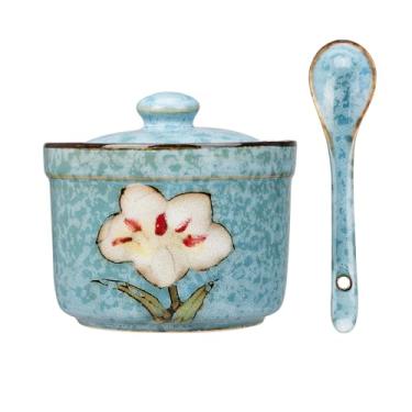 Imagem de Soyestan Açucareiro de cerâmica feito à mão com tampa e colher, pote de condimento de porcelana de 255 g com design floral pintado à mão, recipiente de tempero colorido para açúcar, sal, especiarias