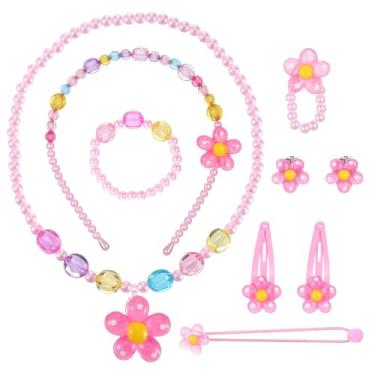 Imagem de YQQYG Conjunto de 10 peças de joias infantis para meninas, inclui faixas de cabeça, grampos de cabelo, laços de cabelo, colares elásticos, pulseiras, anéis e brincos de pressão para presentes de