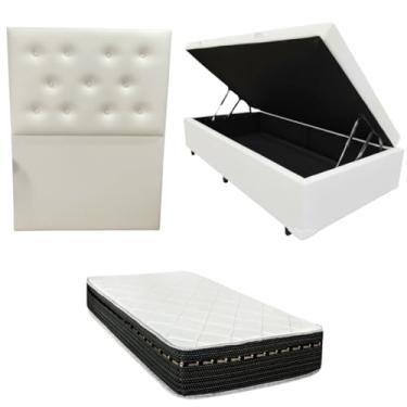 Imagem de Cama Box Baú Blindada com Colchão Eagle Molas Bonnel 22cm + Cabeceira Botonê (CORINO BRANCO, Solteiro)