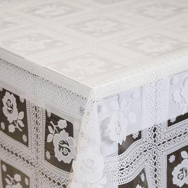 Imagem de Toalha de Mesa de Plástica Forro de mesa cristal estampada e impermeável, para mesas 4,6,8 cadeiras(cristal branca com flores,10 cadeiras 3,20x1,40)