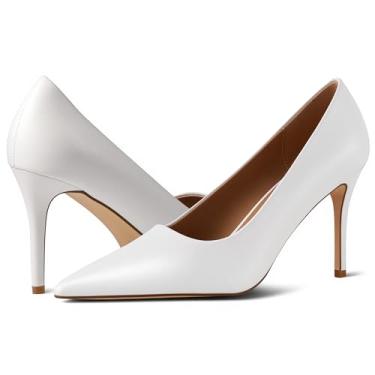 Imagem de heelchic Salto agulha para mulheres, bico fino, salto alto, sem cadarço, bico fechado, sapatos de casamento, Branco, 39