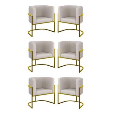 Imagem de Kit 06 Poltronas Lua Sala Decorativa Base Ferro Gold Corino Bege