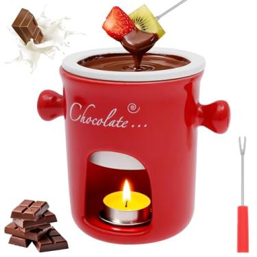 Imagem de Caneca de fondue de chocolate, conjunto de copos de fondue de chocolate de cerâmica de 280 ml, caneca de derretimento de chocolate com garfo, ótima para queijo, manteiga - encontros noturnos