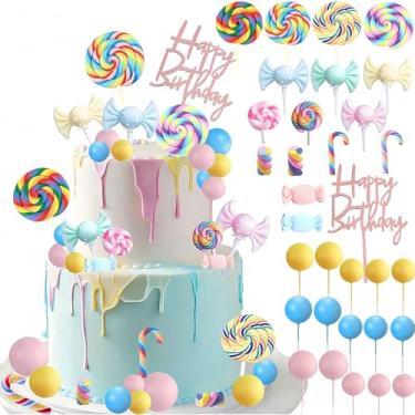 Imagem de 32 peças de topo de bolo Candyland, topos de bolo de doces coloridos com pirulito para decoração de bolos, doces e artigos de festa de aniversário