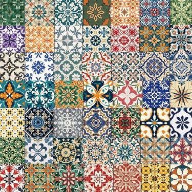 Imagem de Adesivos de azulejos vintage florais e geométricos, pacote de 62 unida