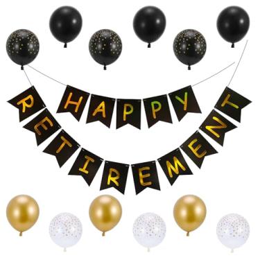 Imagem de Decorações de festa de aposentadoria ouro preto bandeiras de aposentadoria feliz balões kit de suprimentos de decoração de festa de aposentadoria escritório festa de despedida para homens e mulheres