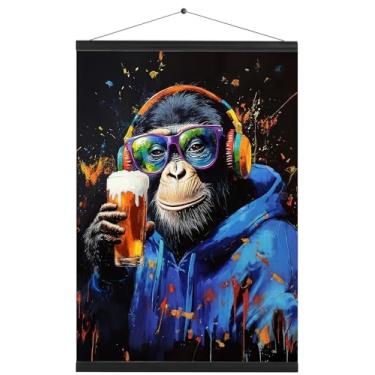 Imagem de JJY Pôster de arte para pendurar na parede em tela de jogo de animais com moldura - Gorila com fones de ouvido óculos de sol Cool Gamer Decoração de parede - Gorilla Drink Beer Wall Art Prints para