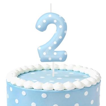 Imagem de Velas de aniversário de bolinhas azuis para bolo, velas número 2, decorações de aniversário, artigos de festa, topo de bolo de bolinhas para decoração de festa temática para meninos e meninas (número
