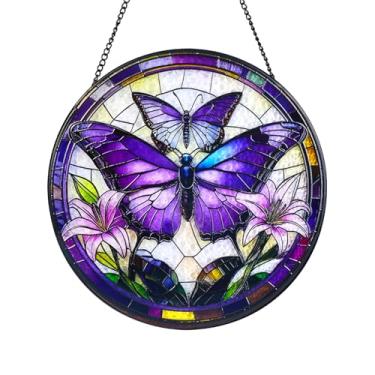 Imagem de Wkyqes Apanhador de sol para pendurar em vitral feito à mão borboleta com corrente - 20 cm, decoração de arte externa/interna para jardim, casamento, mãe, dia dos namorados e enfeites de Natal