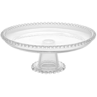 Imagem de Prato para Bolo em Vidro com Borda Perolada, Base Alta, Transparente, Decorativo, 30 cm