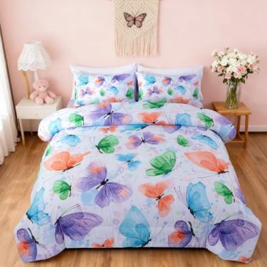 Imagem de Btargot Conjunto de edredom feminino com estampa de borboleta, estampa colorida em bastão de tinta, roxo e verde