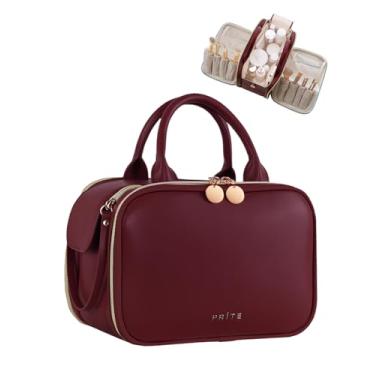 Imagem de Prite Bolsa de maquiagem feminina de grande capacidade, à prova d'água, organizador de cosméticos, portátil, estojo de higiene plano aberto com suporte de pincel e alça independentes, Borgonha, Large