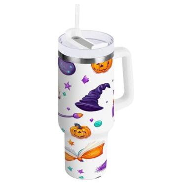 Imagem de STAYTOP Copo de vassoura e chapéu de bruxa de 1,134 g com tampa e palha, copo isolado de aço inoxidável durável à prova de vazamento com alça, garrafas de água à prova de derramamento para viagens