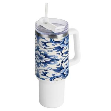 Imagem de Kigai Copo de 1,134 g com tampa e canudo, azulejos de cerâmica estilo mexicano, à prova de vazamento, durável, copo isolado de aço inoxidável com alça, garrafas de água à prova de derramamento para