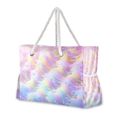 Imagem de Wassud Bolsa de praia colorida ondulada grande bolsa de praia para mulheres, impermeável, à prova de areia, bolsa de viagem com zíper e bolso para piscina academia acampamento