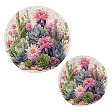 Imagem de Wassud Conjunto de trivet de cactos em aquarela para pratos quentes, suportes redondos de algodão, almofadas quentes, porta-copos elegantes, decoração de cozinha e acessórios, 2 peças