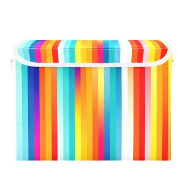 Imagem de Wassud Cestas de armazenamento com tampas persianas dobráveis listradas verticais vibrantes de tecido empilhável cestas de linho recipiente organizador de armário 42 x 32 x 30 cm