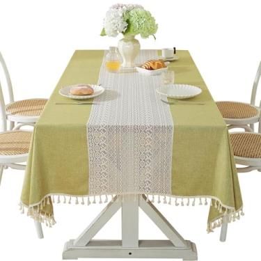 Imagem de Qubjus Toalha de mesa retangular de linho e algodão misto de poliéster com borlas minimalista, elegante, toalha de mesa durável para jantar de fazenda, decoração de casamento (verde, 139 x 192 cm)