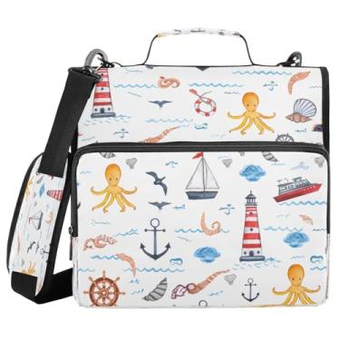 Imagem de STAYTOP Fichário escolar com zíper de padrão náutico com alça de ombro, anéis de vedação de 3 cm, capacidade para 600 folhas, pasta de arquivos expansível, vários bolsos e organizador de armazenamento