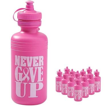 Imagem de Garrafas de água de plástico Pink Ribbon – Pacote com 12 – 510 g, 19 cm de altura – Garrafas de conscientização sobre o câncer de mama "Never Give Up" para caminhadas, arrecadação de fundos e eventos