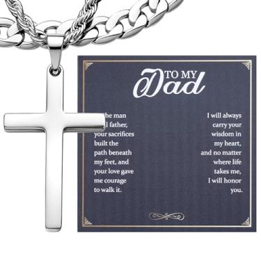 Imagem de TEN MIRO Colar de cruz prata/preta para homens, meninos, colar com pingente de cruz de aço inoxidável para homens, joias religiosas cristãs com caixa e cartão, aniversário, Natal, Dia dos Pais